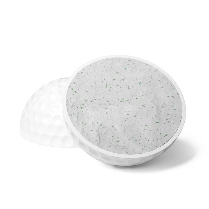 Personalized full color printed golf balls with custom branding, shown in a pack of six. Professional golf gifts for tournaments, businesses, and events, featuring durable construction with a Surlyn cover and rubber hard plastic core for long-lasting performance.