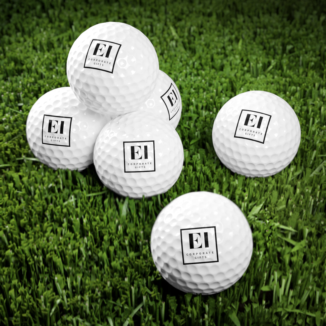 Personalized golf balls printed in full color with custom names or logos, shown as a pack of six on a clean white background. Custom golf tournament gifts and corporate promotional items made with a durable Surlyn cover and rubber core, ideal for business branding, giveaways, client appreciation, and golf events.