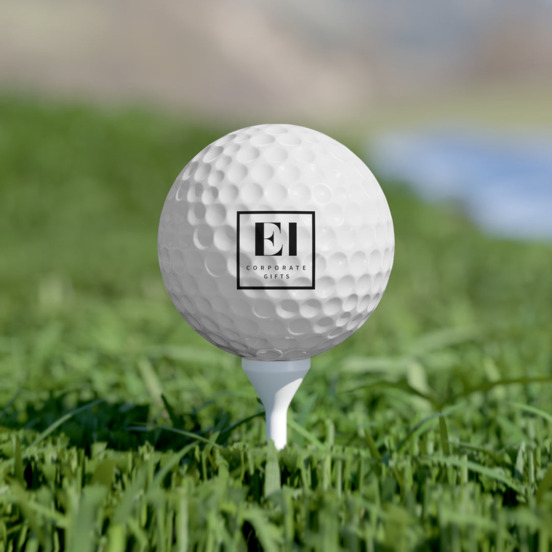Custom logo golf balls printed in full color, displayed as a six pack for golf events and business promotions. Personalized golf tournament swag and corporate gifts made with a 100% Surlyn cover, ideal for client appreciation, giveaways, and branded merchandise.