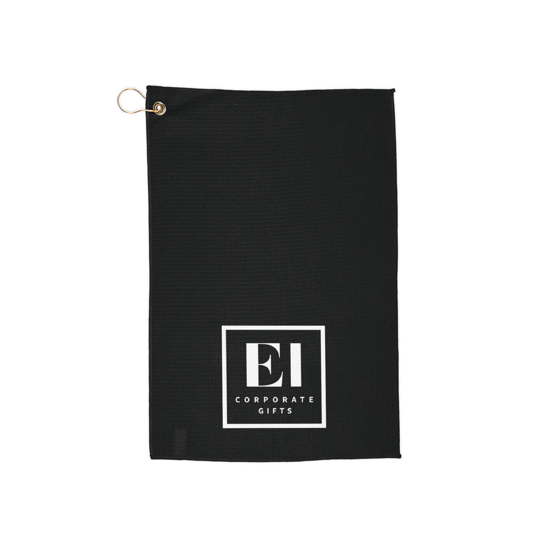 Personalized microfiber golf towel with custom logo printing, featuring a durable gold grommet and ring for secure attachment to a golf bag. This high-quality custom golf towel is made from an 80% polyester and 20% polyamide microfiber blend, designed to be highly absorbent and quick drying. Ideal for golf tournaments, corporate golf outings, business promotions, client appreciation gifts, and branded golf merchandise.
