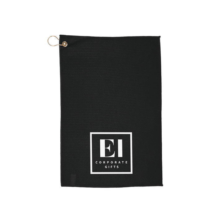 Personalized microfiber golf towel with custom logo printing, featuring a durable gold grommet and ring for secure attachment to a golf bag. This high-quality custom golf towel is made from an 80% polyester and 20% polyamide microfiber blend, designed to be highly absorbent and quick drying. Ideal for golf tournaments, corporate golf outings, business promotions, client appreciation gifts, and branded golf merchandise.