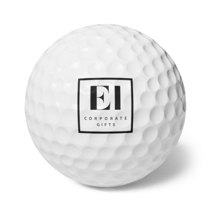 Custom printed golf balls featuring full color logo printing, sold as a six pack for golf tournaments, corporate gifts, and promotional merchandise. High-quality golf balls with a Surlyn cover and hard plastic core, perfect for branded business giveaways, golf scrambles, and personalized gifts.