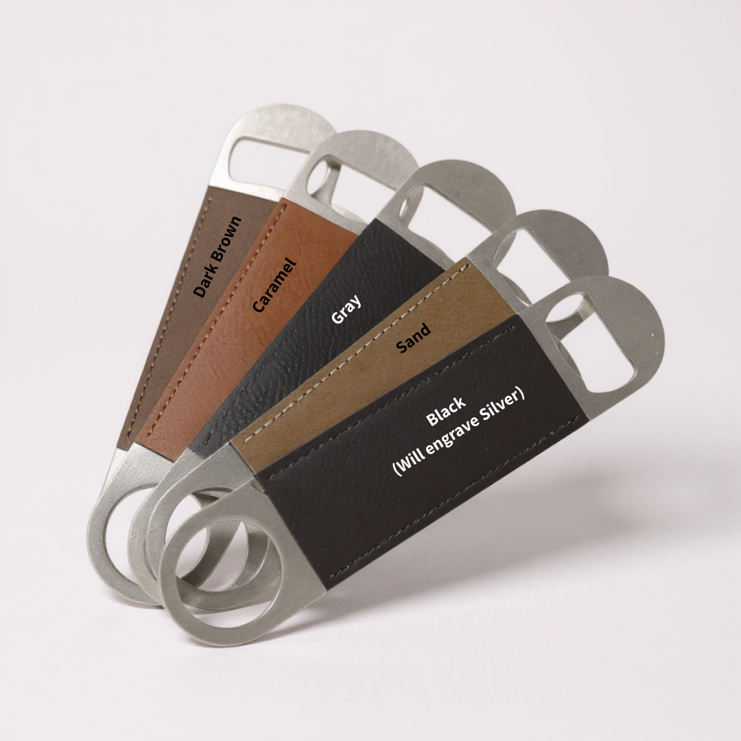 Custom laser engraved leather bottle openers designed for golfers, shown in multiple leather colors including black, gray, caramel, dark brown, and sand. Premium golf tournament swag and promotional merchandise perfect for company logos, personalized names, client appreciation gifts, and branded business giveaways.