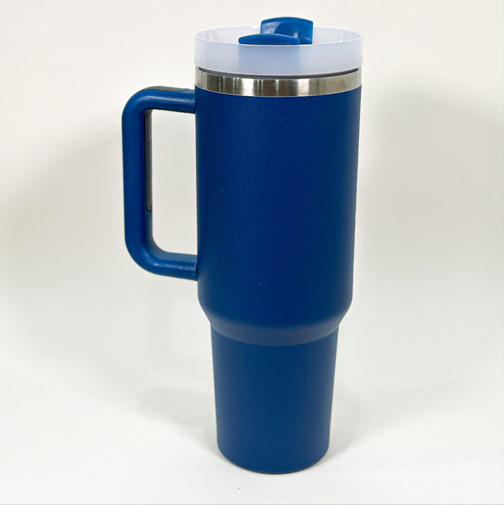 40 oz custom engraved stainless steel tumbler in Fog, Rust, Teal, Eucalyptus, Dune, Denim, Navy, Hot Pink, and Black – perfect bridesmaid or wedding gift.