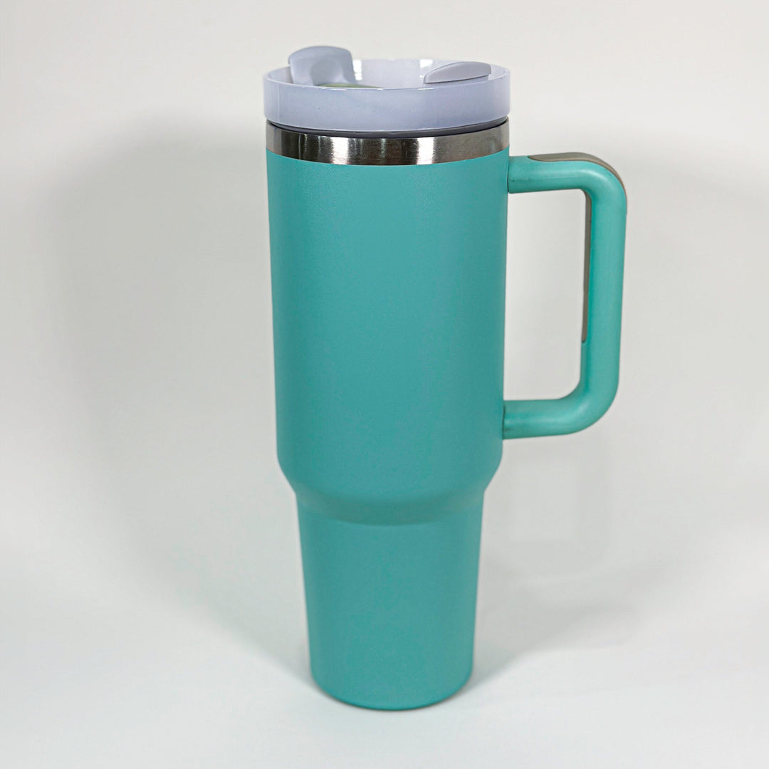 Large 40 ounce custom tumbler with straw, engraved in colors Fog, Rust, Teal, Eucalyptus, Dune, Denim, Navy, Hot Pink, and Black – perfect personalized gift.