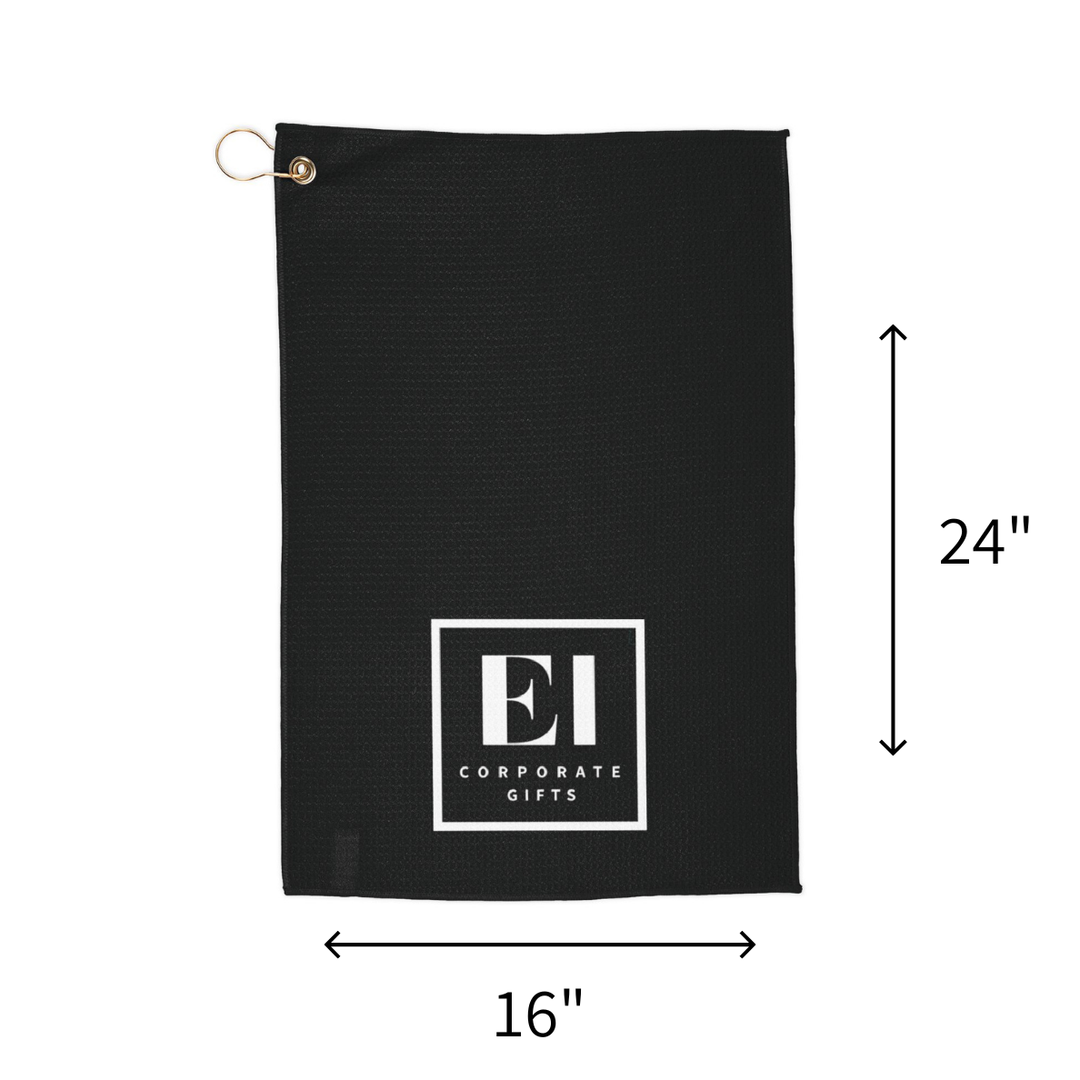 Promotional microfiber golf towel with custom logo printing, designed for golf courses, tournaments, and corporate events. This personalized golf towel offers a clean one-sided print for a professional look, a compact 16x24 inch size, and a gold grommet with ring for secure golf bag attachment. A practical and stylish golf accessory for business branding, client appreciation, and marketing giveaways.