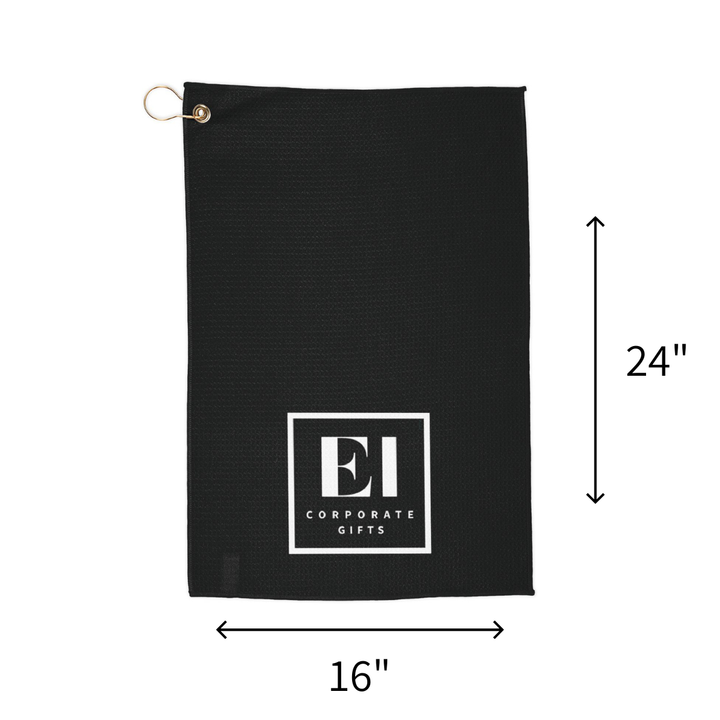 Promotional microfiber golf towel with custom logo printing, designed for golf courses, tournaments, and corporate events. This personalized golf towel offers a clean one-sided print for a professional look, a compact 16x24 inch size, and a gold grommet with ring for secure golf bag attachment. A practical and stylish golf accessory for business branding, client appreciation, and marketing giveaways.