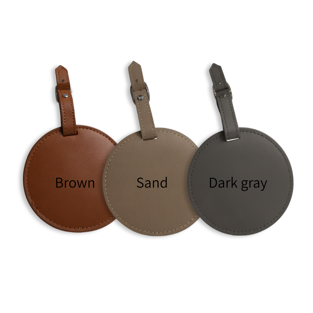 Laser engraved leather golf tee holder bag tag personalized with a custom business logo, shown attached to a golf bag and holding five wooden golf tees. Ideal for golf tournaments, corporate events, branded promotions, and professional golf giveaways.