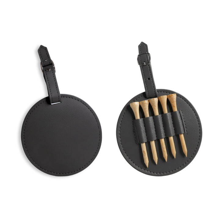 Custom leather golf tee holder bag tag featuring permanent laser engraving for logos and company branding. Includes five wooden golf tees and is designed as a functional promotional item for golf tournaments, client appreciation, and business swag.