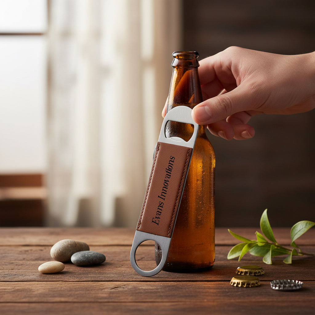 Personalized leather golf bottle openers in black, gray, caramel, dark brown, and sand, laser engraved with names or logos, displayed on a white background. Custom golf tournament gifts and corporate promotional items made from durable leather with stainless steel opener, ideal for business branding, giveaways, groomsmen gifts, and golf events.