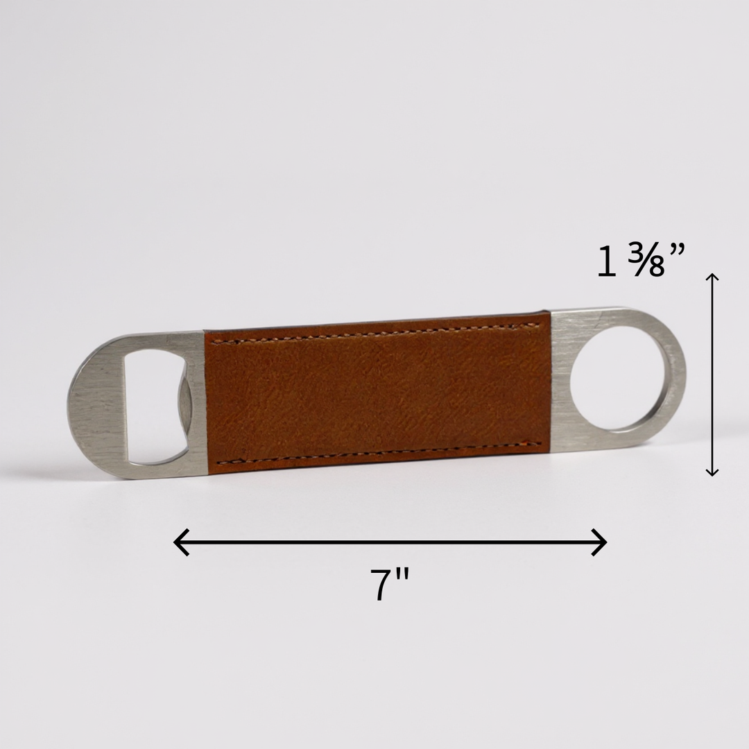Custom engraved leather bottle openers for golf events and business promotions, displayed in neutral leather colors including black, gray, caramel, dark brown, and sand. Laser engraved for permanent branding, perfect for golf tournament gifts, corporate swag, client thank you gifts, and promotional items.