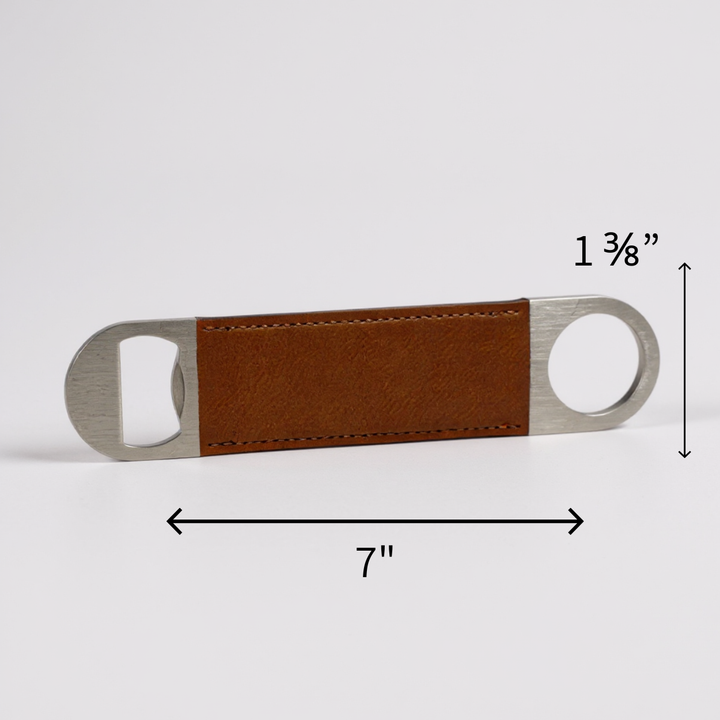 Custom engraved leather bottle openers for golf events and business promotions, displayed in neutral leather colors including black, gray, caramel, dark brown, and sand. Laser engraved for permanent branding, perfect for golf tournament gifts, corporate swag, client thank you gifts, and promotional items.