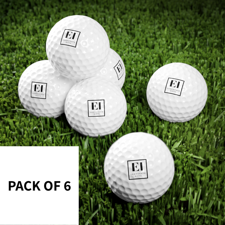Custom logo golf balls printed in full color, displayed as a six pack for golf events and business promotions. Personalized golf tournament swag and corporate gifts made with a 100% Surlyn cover, ideal for client appreciation, giveaways, and branded merchandise.