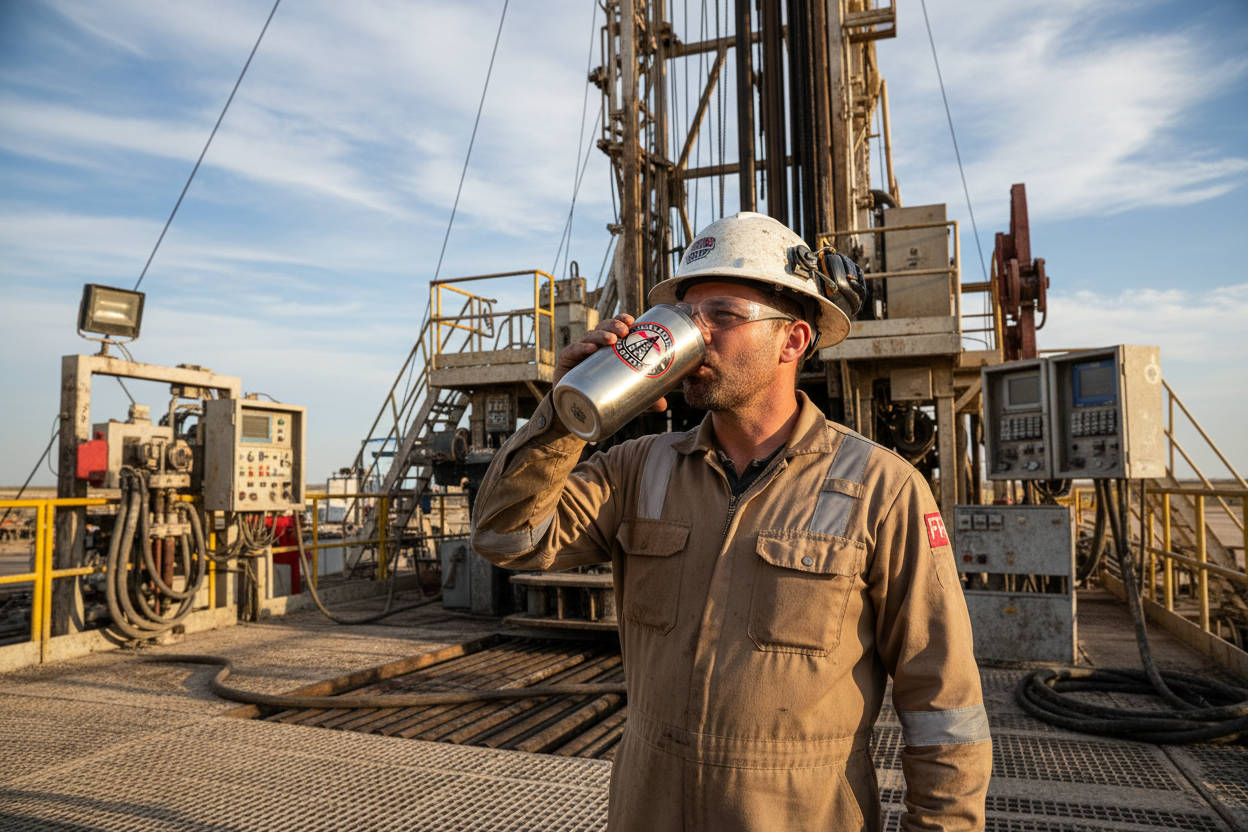 a man in midland Texas out on an oilfield rig, drinking out of a tumbler that has a business logo on it, he is wearing FRs and a hard hat, 