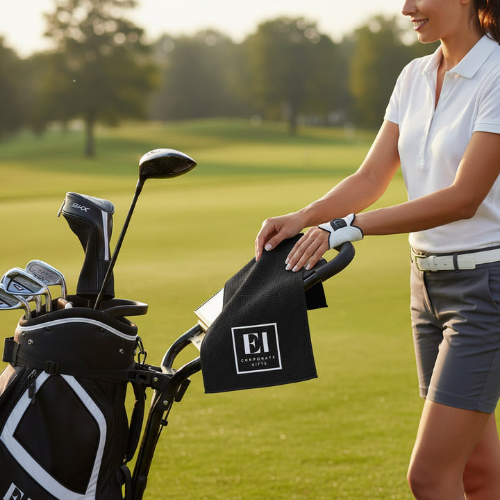 Branded golf towel with logo, crafted from a durable microfiber blend that is quick-drying and highly absorbent for cleaning golf clubs, hands, and equipment. Featuring a gold grommet and ring for convenient bag attachment, this personalized golf towel is ideal for corporate gifts, golf scrambles, fundraisers, team gifts, and promotional merchandise for businesses and organizations.