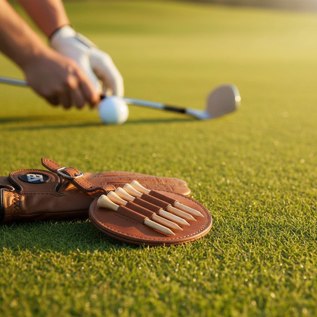 Laser engraved leather golf tee holder bag tag personalized with a custom business logo, shown attached to a golf bag and holding five wooden golf tees. Ideal for golf tournaments, corporate events, branded promotions, and professional golf giveaways.