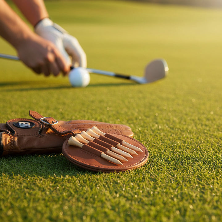 Laser engraved leather golf tee holder bag tag personalized with a custom business logo, shown attached to a golf bag and holding five wooden golf tees. Ideal for golf tournaments, corporate events, branded promotions, and professional golf giveaways.
