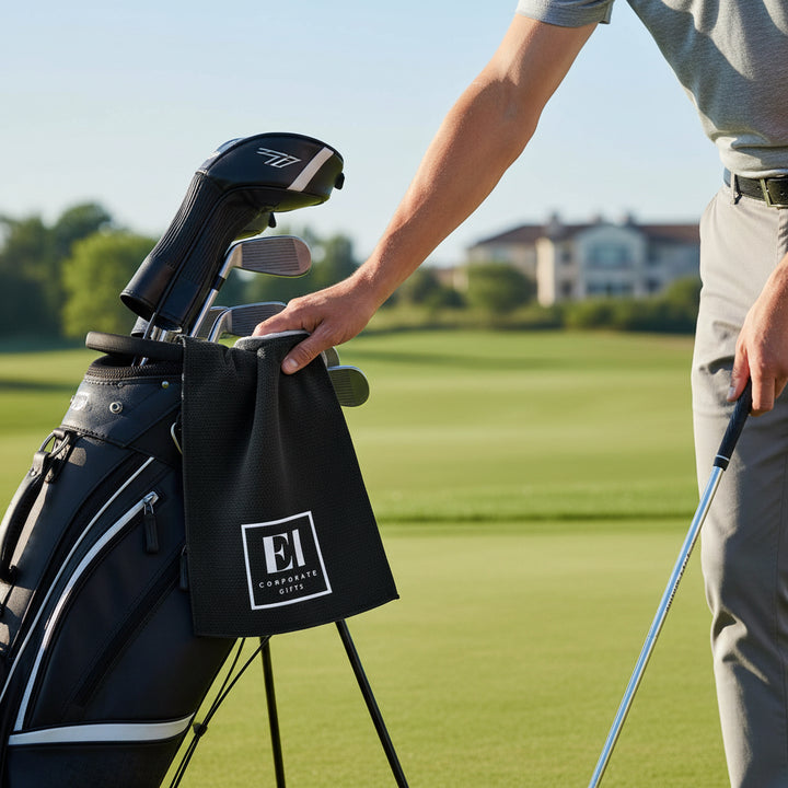 Personalized microfiber golf towel with custom logo printing, featuring a durable gold grommet and ring for secure attachment to a golf bag. This high-quality custom golf towel is made from an 80% polyester and 20% polyamide microfiber blend, designed to be highly absorbent and quick drying. Ideal for golf tournaments, corporate golf outings, business promotions, client appreciation gifts, and branded golf merchandise.