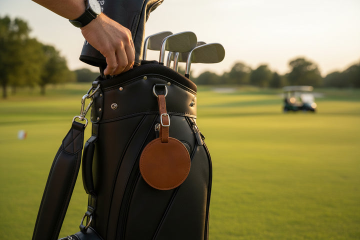 Branded leather golf tee holder bag tag laser engraved with custom logo for businesses. Functional and stylish golf accessory used for tournament swag, corporate gifts, sponsor giveaways, and client appreciation on the golf course.
