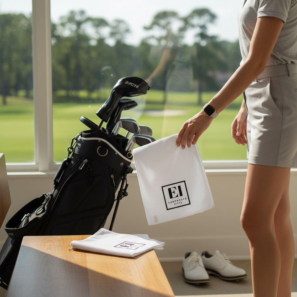 Promotional microfiber golf towel with custom logo printing, designed for golf courses, tournaments, and corporate events. This personalized golf towel offers a clean one-sided print for a professional look, a compact 16x24 inch size, and a gold grommet with ring for secure golf bag attachment. A practical and stylish golf accessory for business branding, client appreciation, and marketing giveaways.