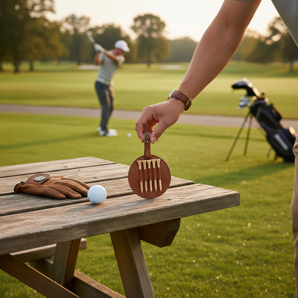Personalized leather golf tee holder with engraved logo, designed for easy attachment to golf bags. A premium corporate golf accessory used for tournaments, sponsorships, real estate promotions, and branded marketing events.