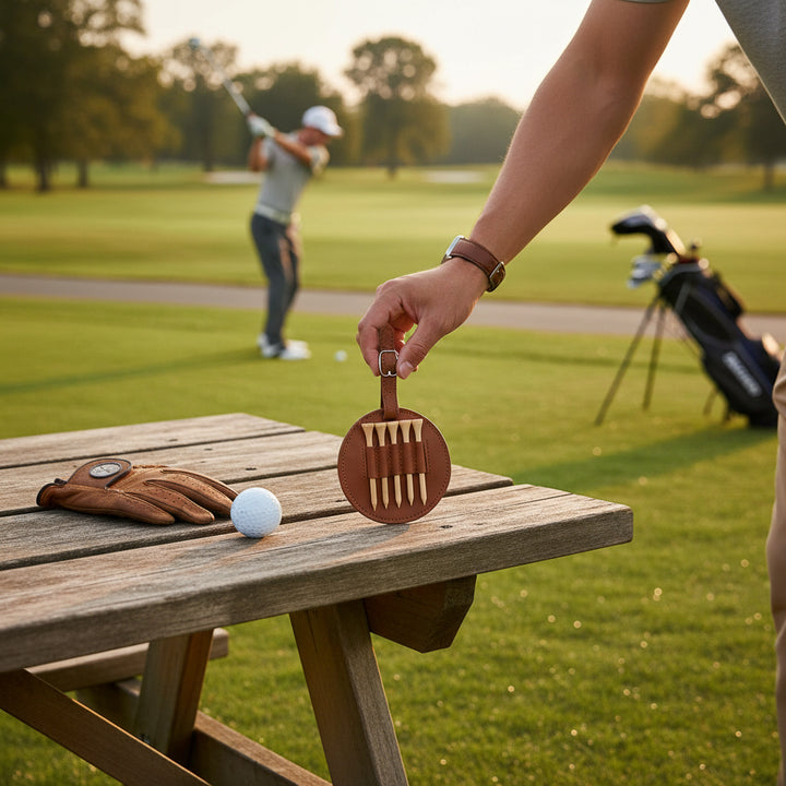 Personalized leather golf tee holder with engraved logo, designed for easy attachment to golf bags. A premium corporate golf accessory used for tournaments, sponsorships, real estate promotions, and branded marketing events.