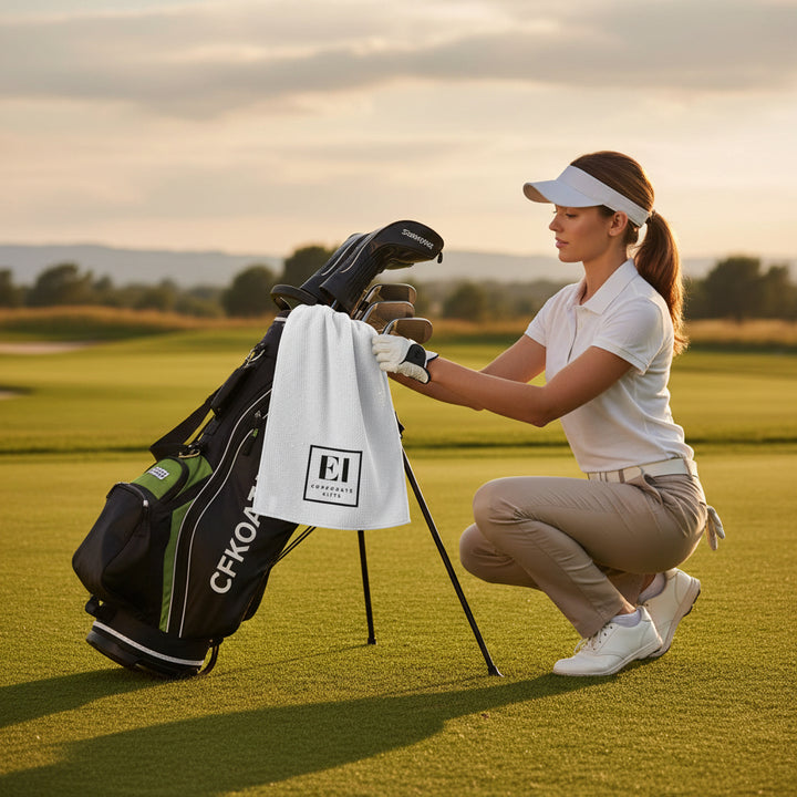 Custom printed golf towel designed for golfers and businesses, sized 16x24 inches and made from premium microfiber material. This personalized golf towel includes a gold grommet and ring for easy attachment to golf bags or carts, offering a professional one-sided print for logos or designs. Perfect for golf tournament giveaways, promotional golf accessories, company branding, and event swag.