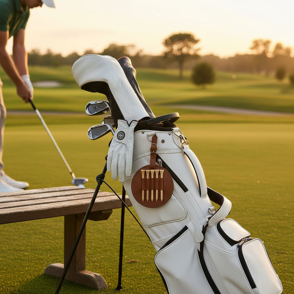 Custom leather golf tee holder bag tag featuring permanent laser engraving for logos and company branding. Includes five wooden golf tees and is designed as a functional promotional item for golf tournaments, client appreciation, and business swag.
