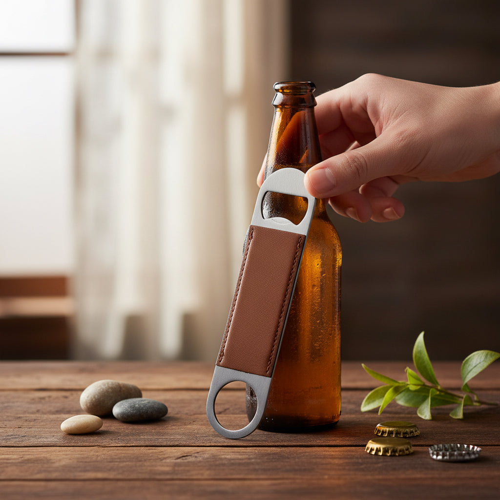 Custom laser engraved leather bottle openers designed for golfers, shown in multiple leather colors including black, gray, caramel, dark brown, and sand. Premium golf tournament swag and promotional merchandise perfect for company logos, personalized names, client appreciation gifts, and branded business giveaways.