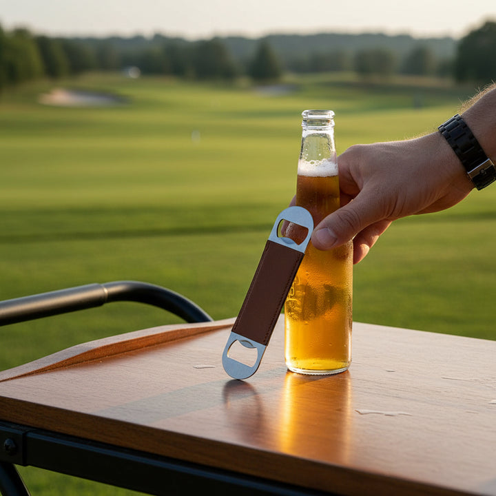 Premium leather golf bottle openers with laser engraved personalization, shown in five color options on a white background. Stylish and functional promotional items for golf tournaments, corporate branding, business giveaways, weddings, groomsmen gifts, and custom logo merchandise designed for everyday use.
